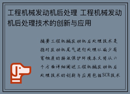 工程机械发动机后处理 工程机械发动机后处理技术的创新与应用
